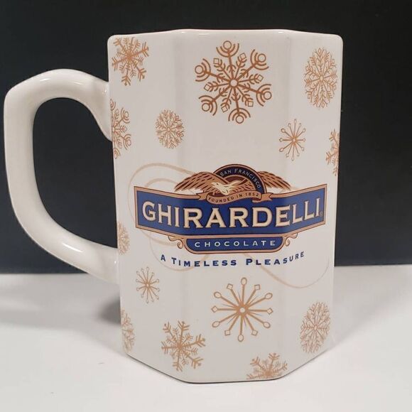 Houston Harvest Other - Ghirardelli Chocolate Mug Gold Snowflakes On White Houston Harvest‎